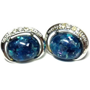 Vintage earrings, Blue Stippled, Cabochon, Rhinestone trimmed, Silvertone, Clips